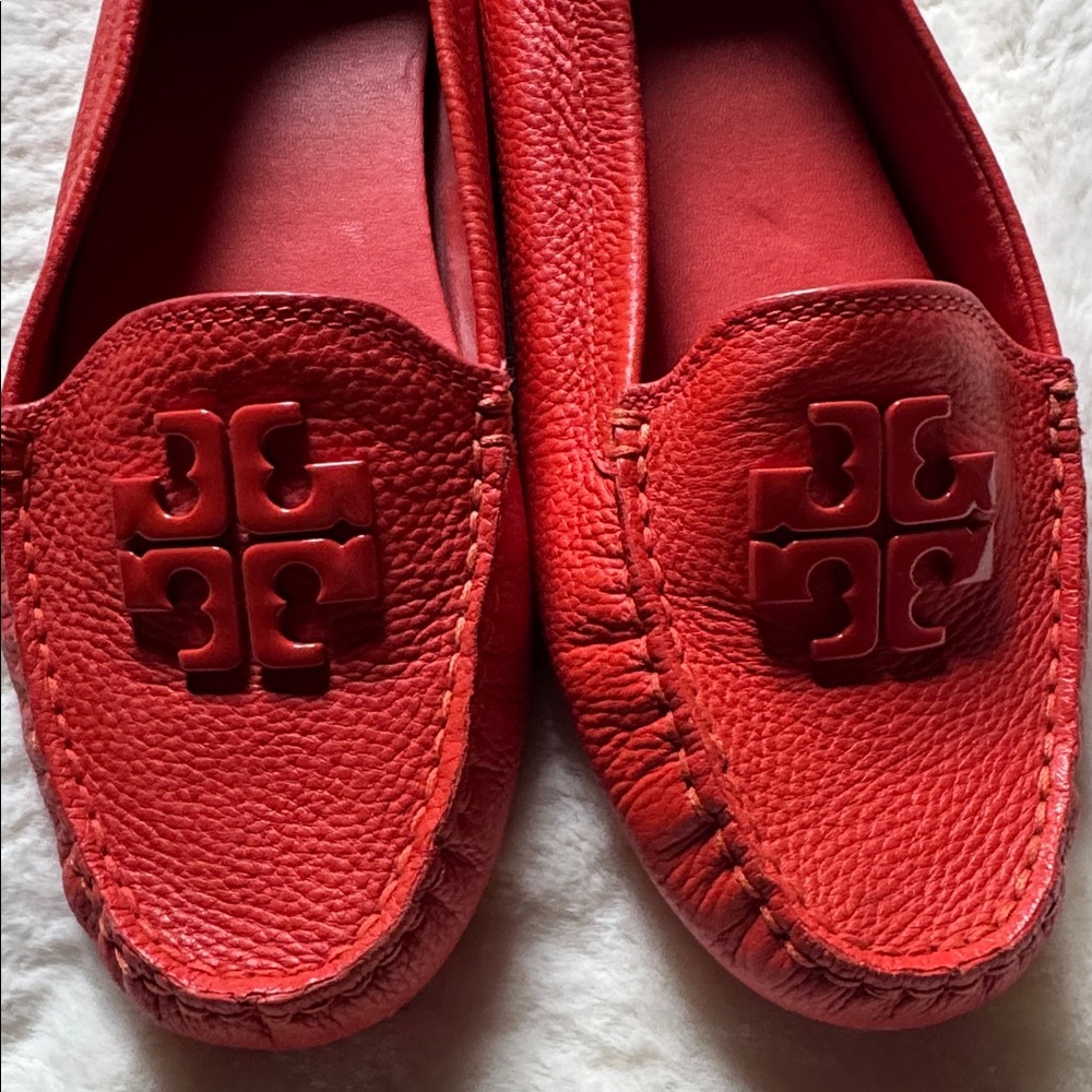 Orange Tory Burch Logo Embossed driving Loafers 8 Lowell 2 leather